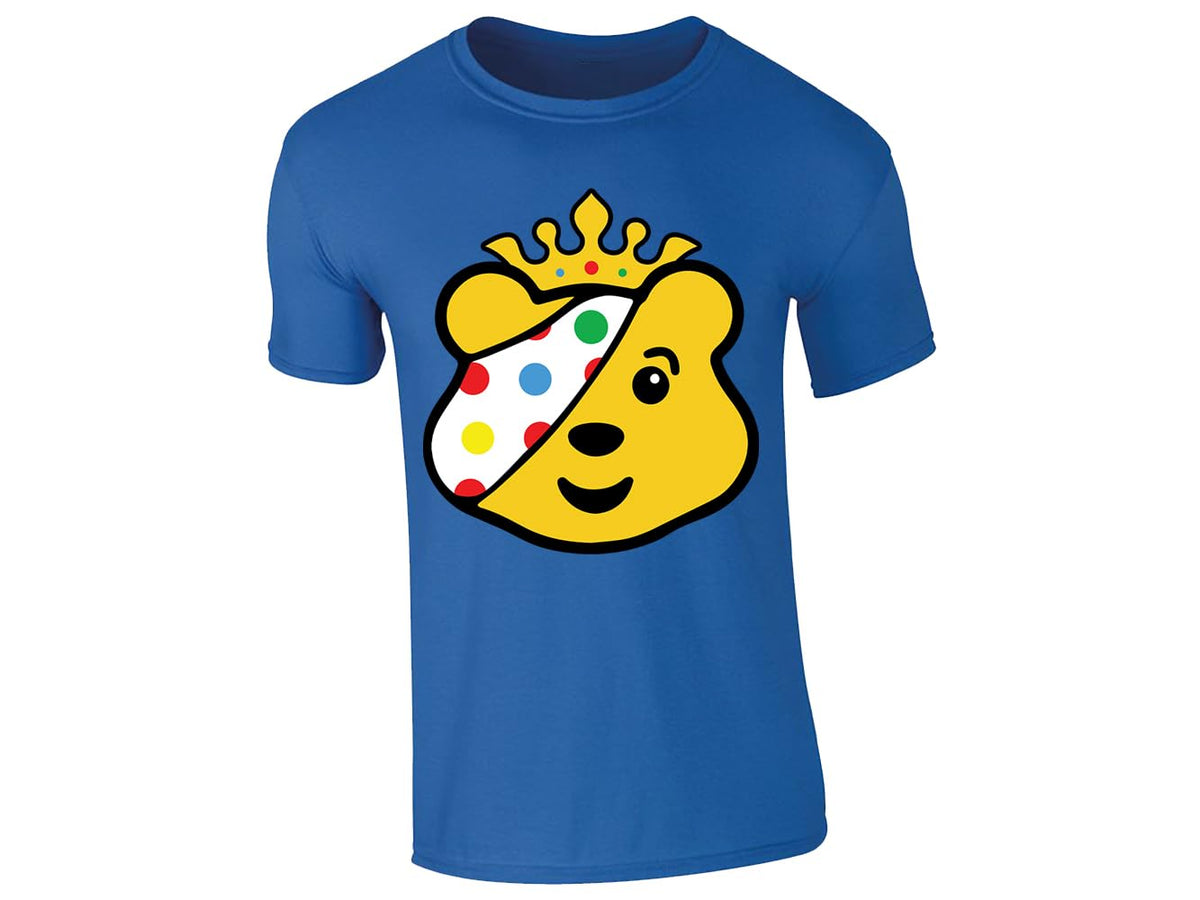 Royal Blue kids' T-shirt with crowned spotty bear face design