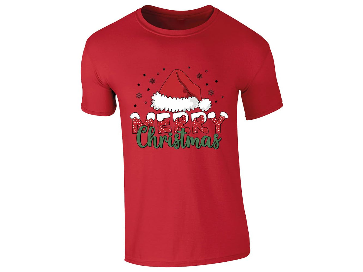 Red men's T-shirt with “Merry Christmas” Santa hat design