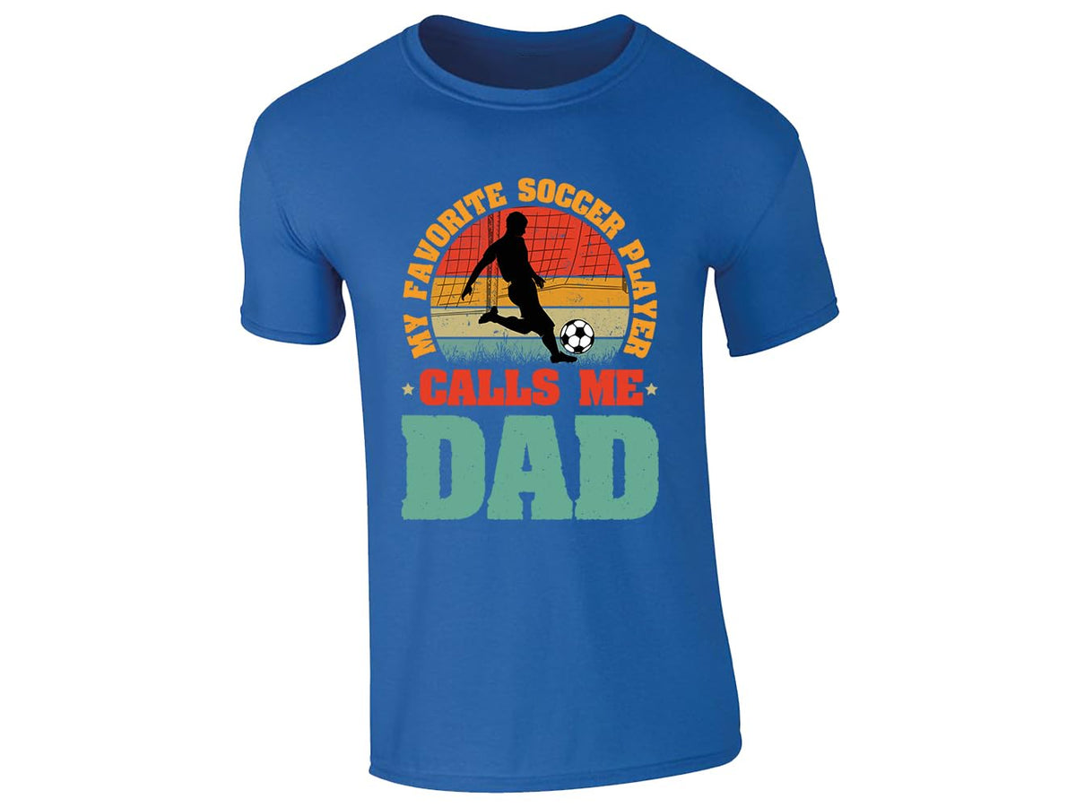 Royal Blue men's T-shirt with “My favorite soccer player calls me Dad” retro sunset design