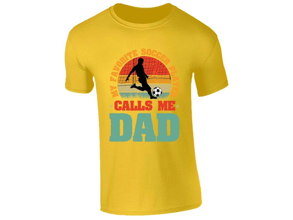 Yellow men's T-shirt with “My favorite soccer player calls me Dad” retro sunset design