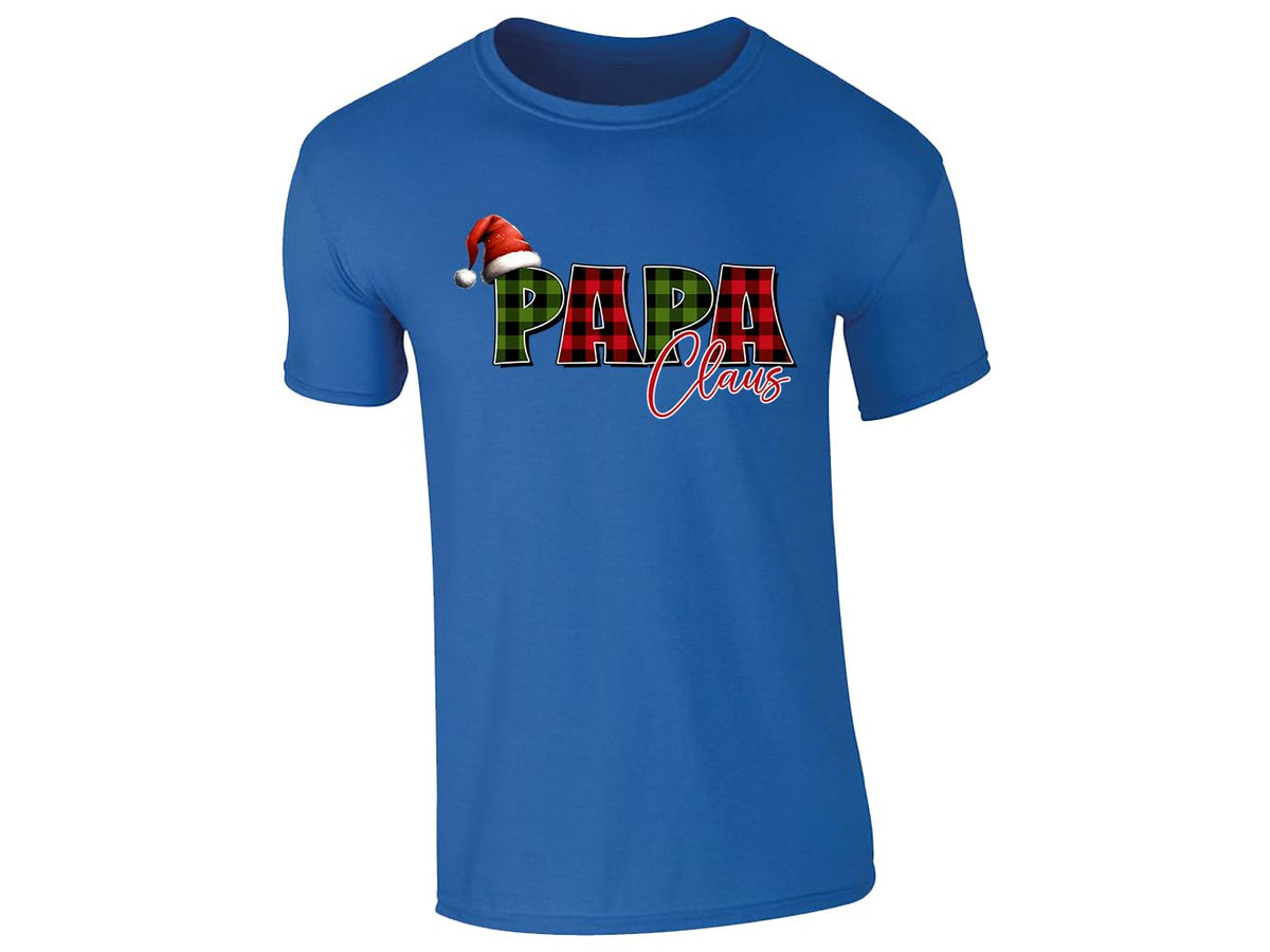 Royal Blue men's T-shirt with “Papa Claus” plaid Santa hat design