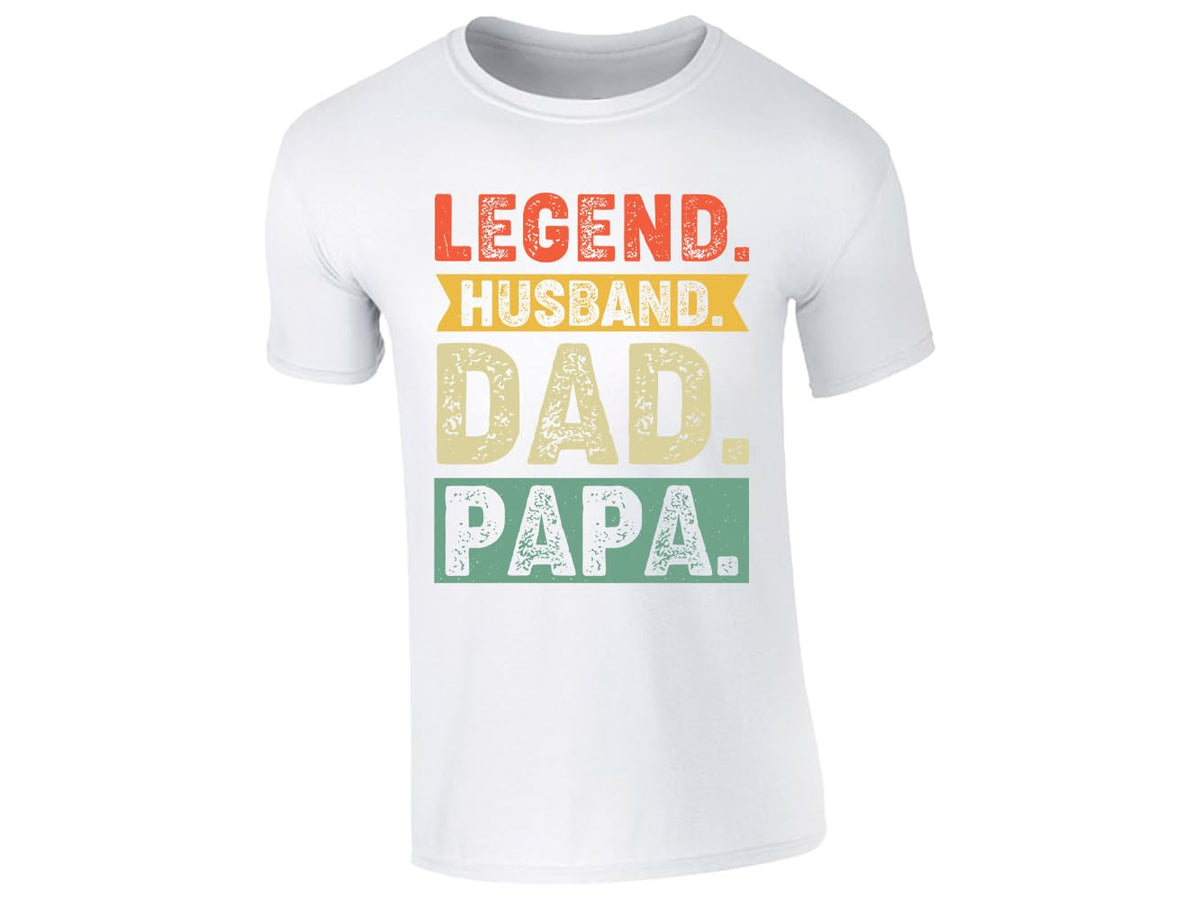 White men's T-shirt with “Legend. Husband. Dad. Papa.” design