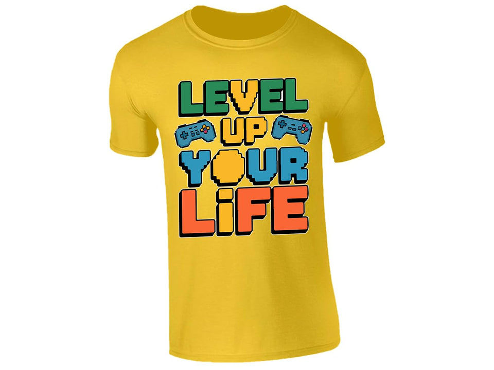 Yellow men's T-shirt with “Level up your life” controller design