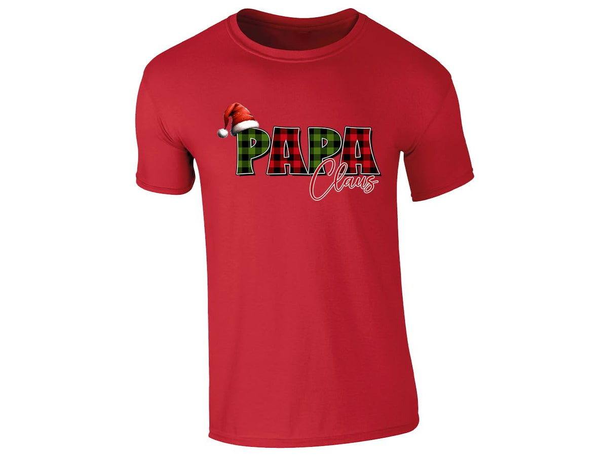 Red men's T-shirt with “Papa Claus” plaid Santa hat design