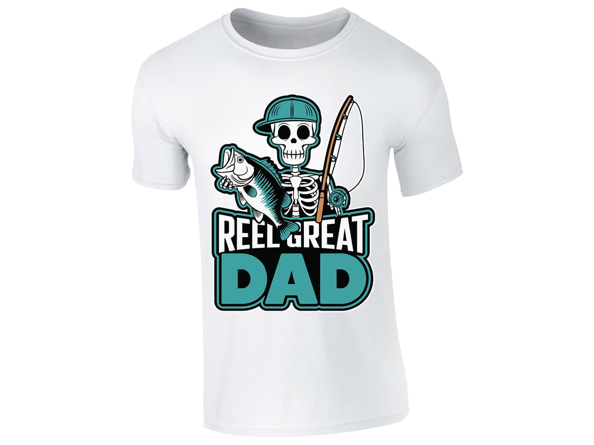 White men's T-shirt with “Reel Great Dad” skeleton angler design