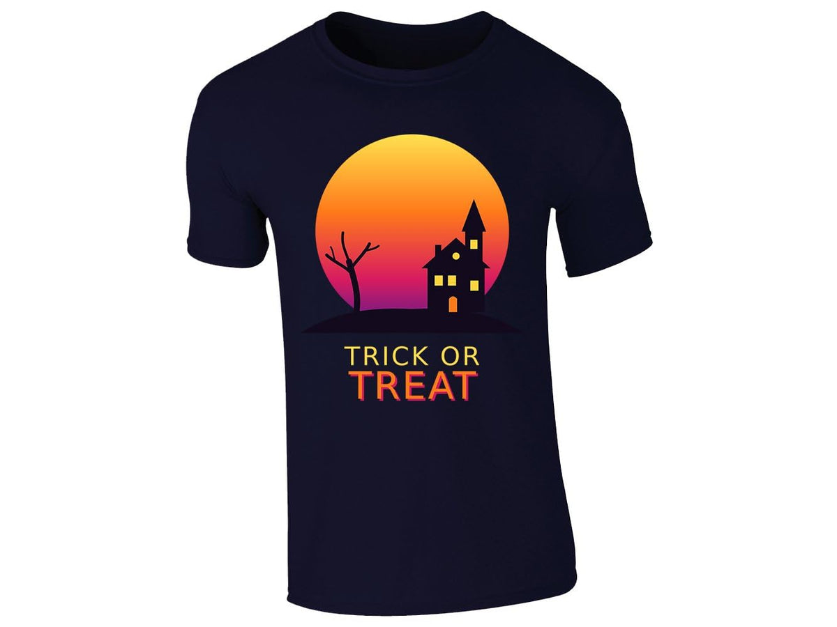 Navy men's T-shirt with “Trick or Treat” haunted house design