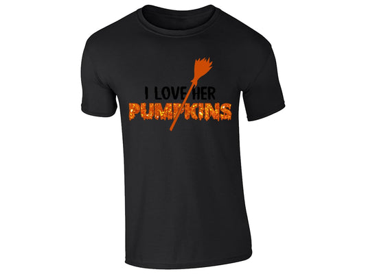 Black men's T-shirt with “I love her pumpkins” broomstick design