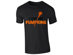 Black men's T-shirt with “I love her pumpkins” broomstick design