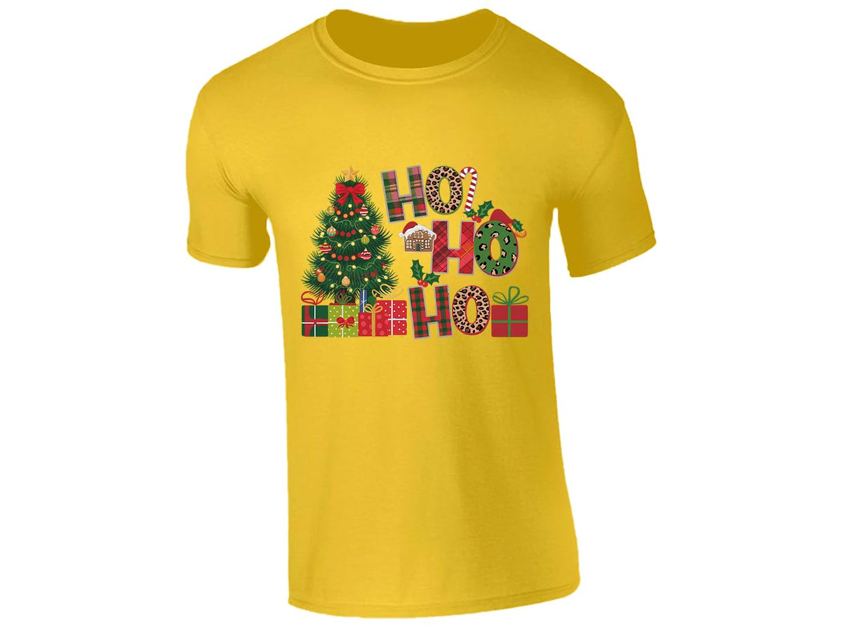 Yellow men's T-shirt with “Ho Ho Ho” Christmas tree and presents design
