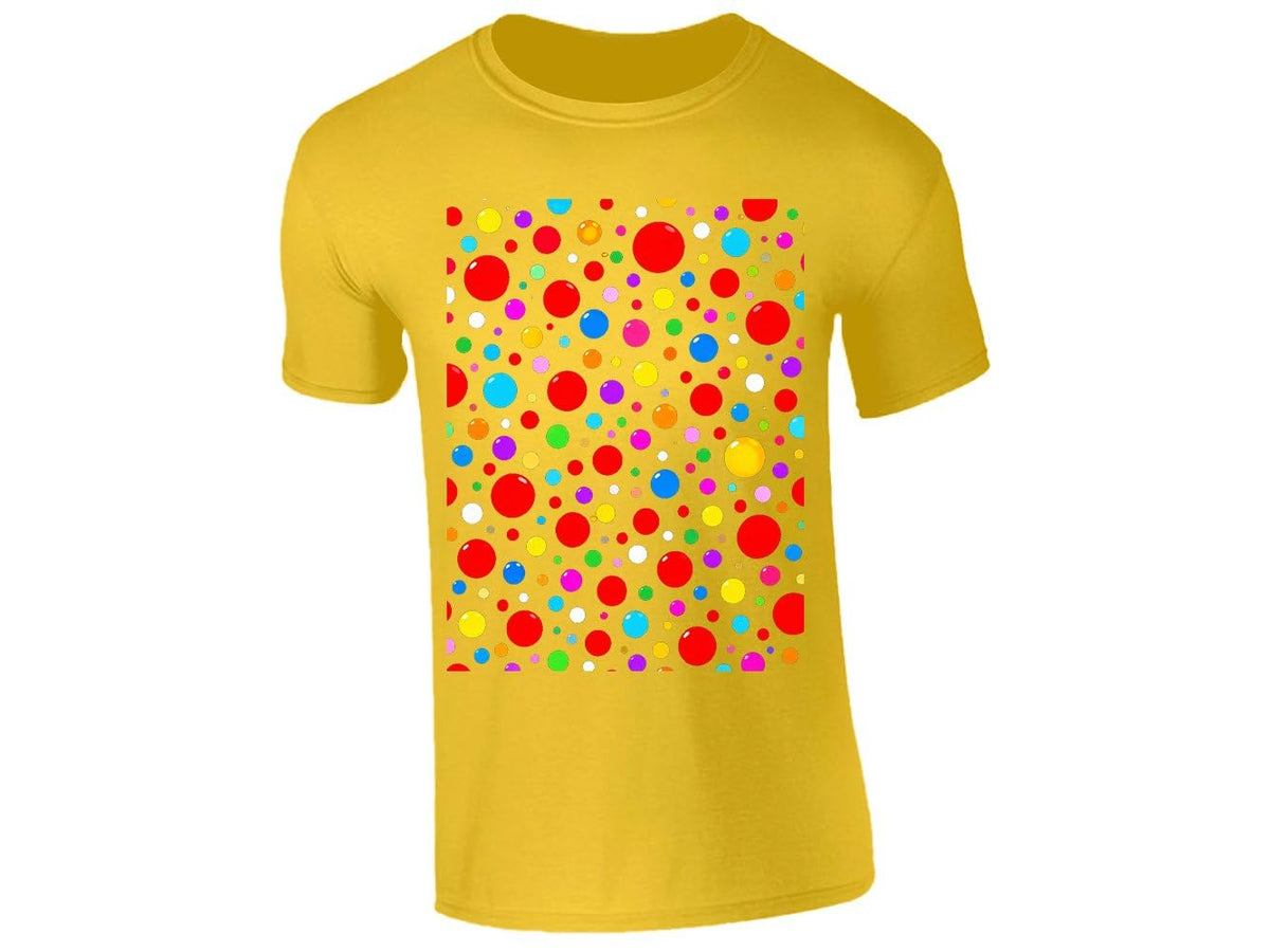 Yellow kids T-shirt with a block of rainbow polka dots