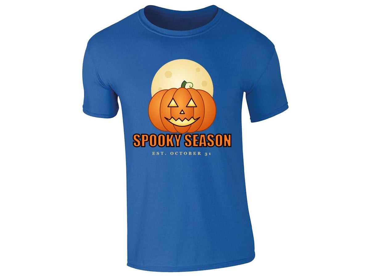 Royal Blue men's T-shirt with “Spooky Season – Est. October 31” pumpkin and moon design