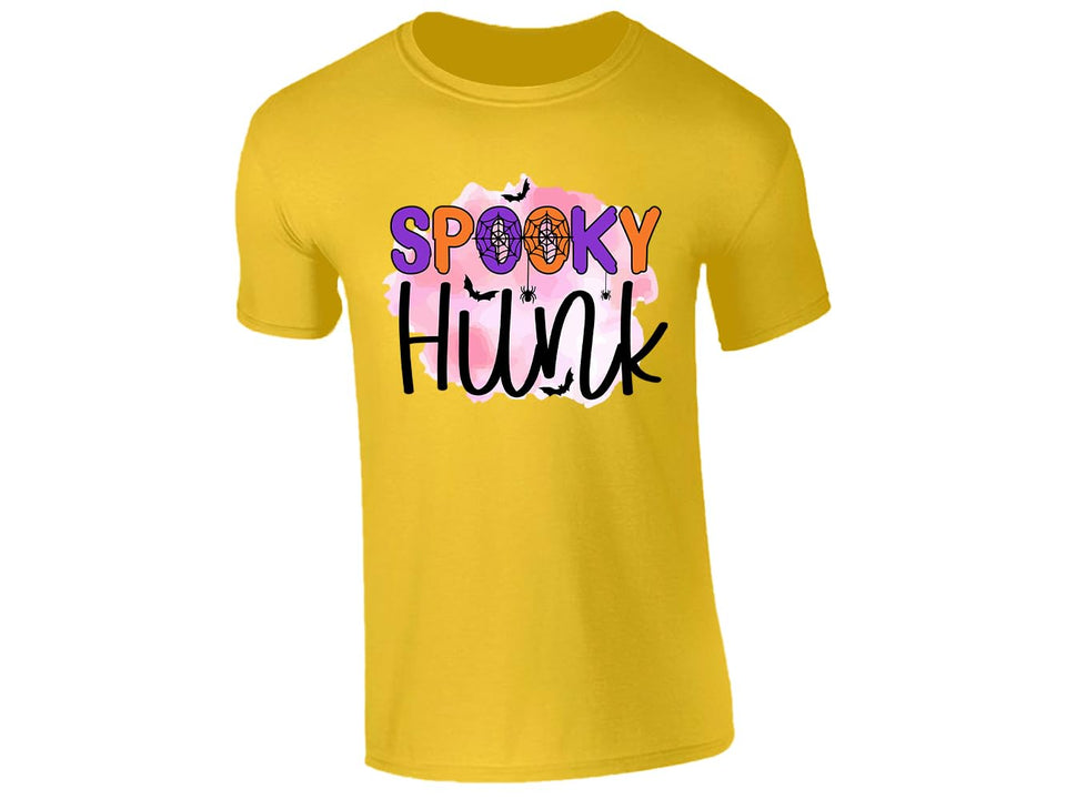 Yellow men's T-shirt with “Spooky Hunk” Halloween design