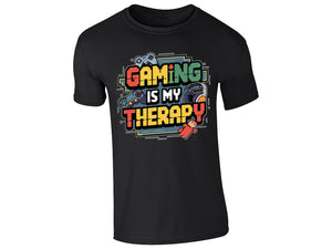 Black kids' T-shirt with “Gaming is my therapy” design