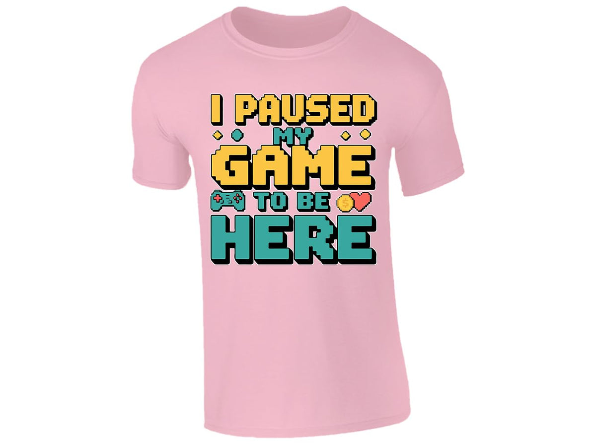 Light Pink kids' T-shirt with “I paused my game to be here” design