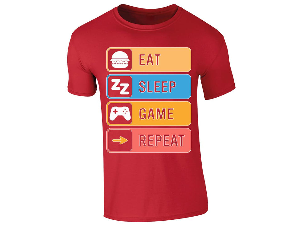 Red men's T-shirt with “Eat Sleep Game Repeat” icon design