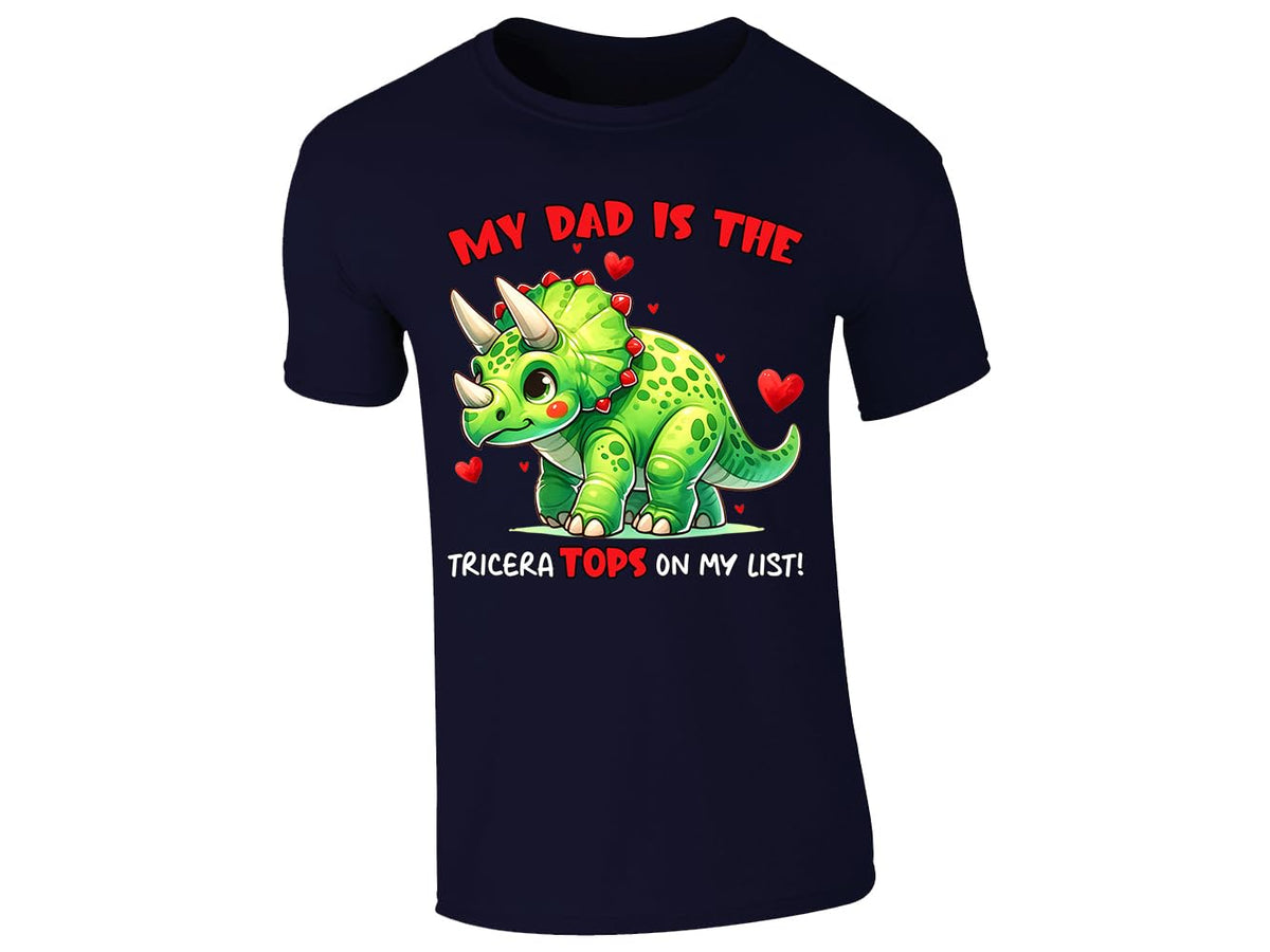 Navy men's T-shirt with triceratops “My dad is the TriceraTOPS on my list” design