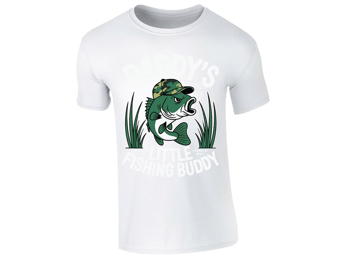 White men's T-shirt with “Daddy’s little fishing buddy” bass in camo cap design