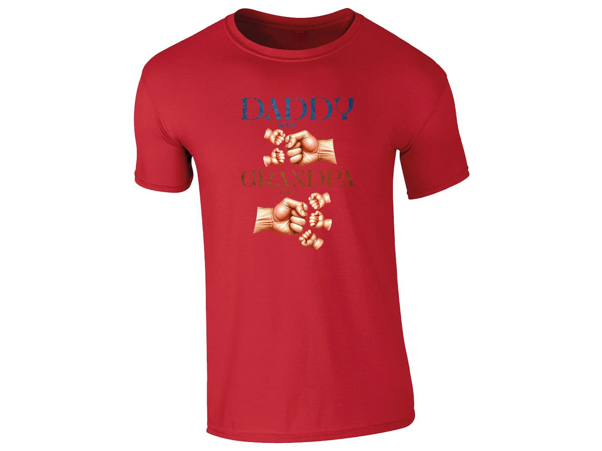 Red men's T-shirt with “Daddy since… Grandpa since…” fist bump design