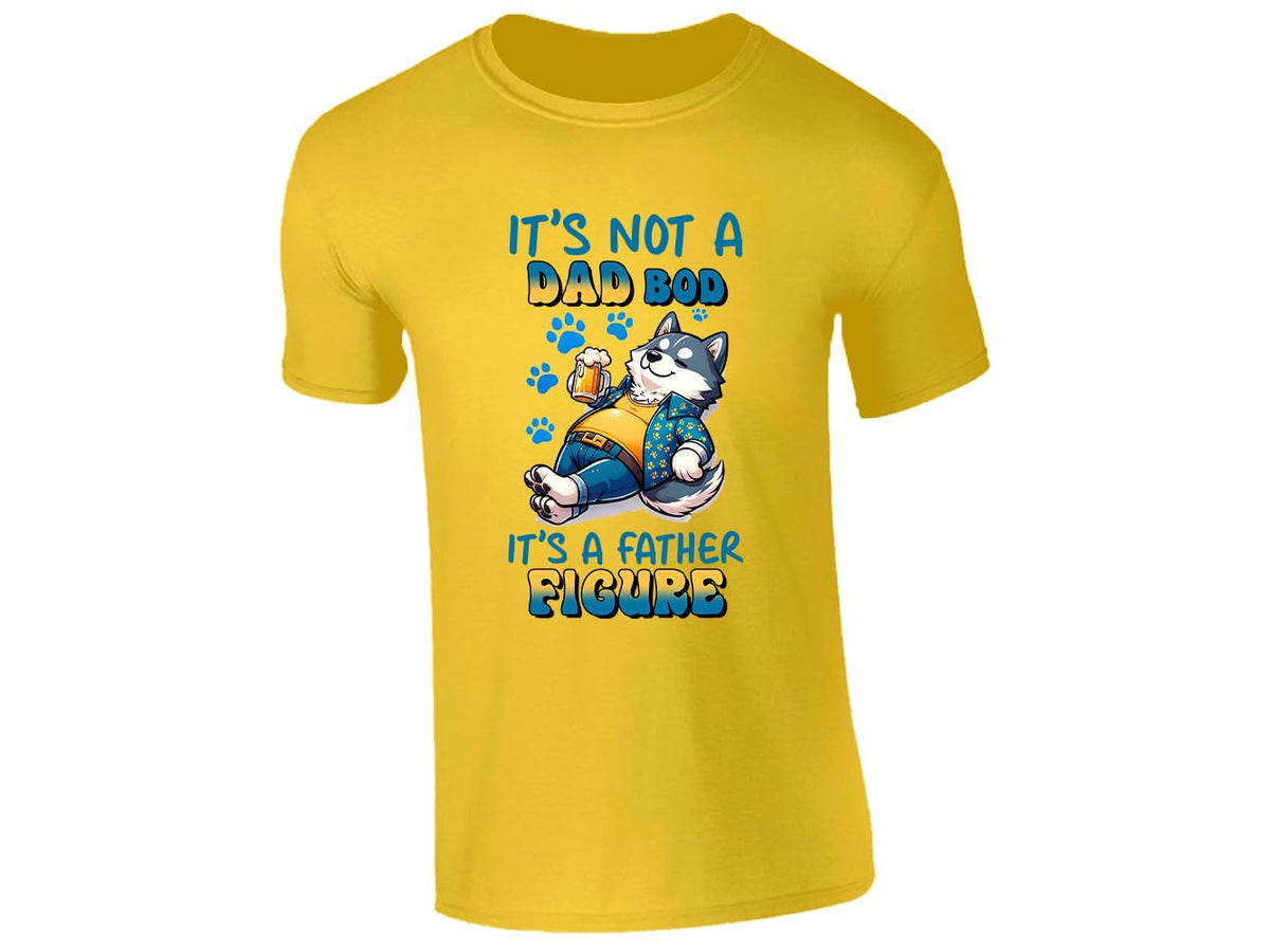 Yellow men's T-shirt with “It’s not a dad bod, it’s a father figure” husky design