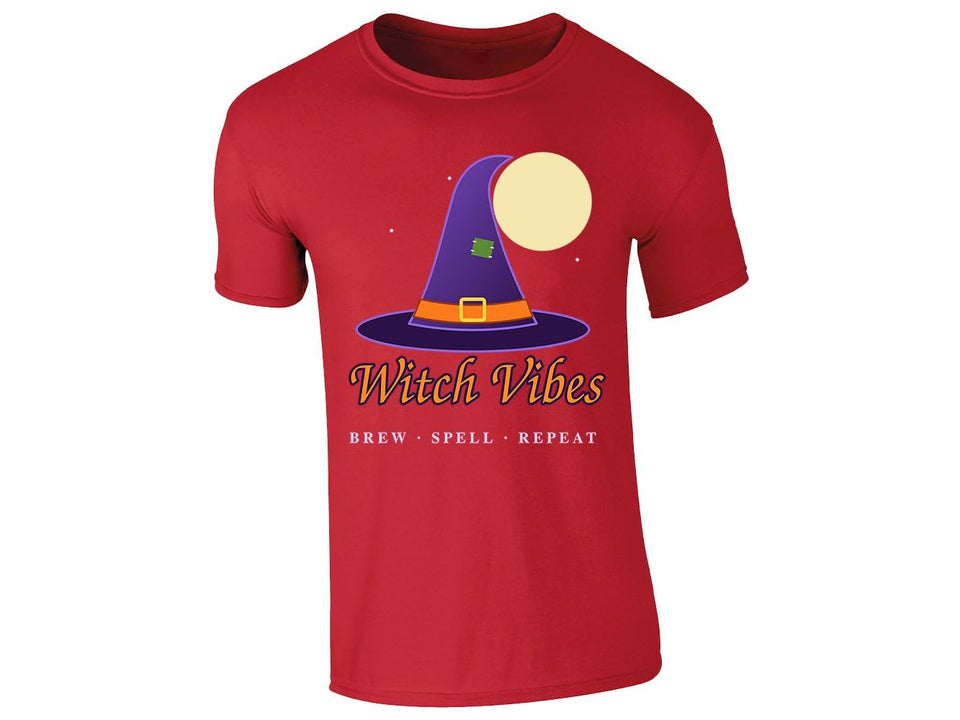 Red men's T-shirt with “Witch Vibes – Brew, Spell, Repeat” witch hat design
