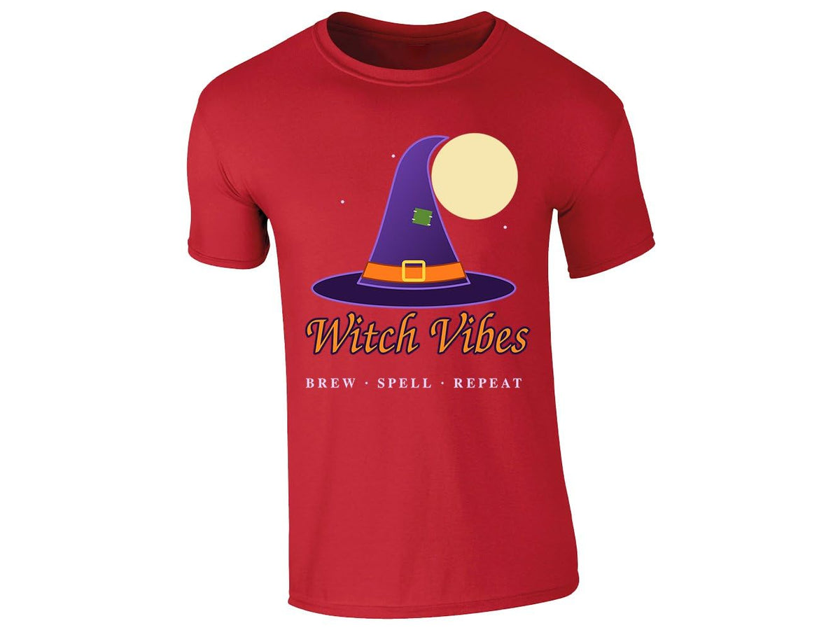 Red kids' T-shirt with “Witch Vibes – Brew, Spell, Repeat” witch hat design