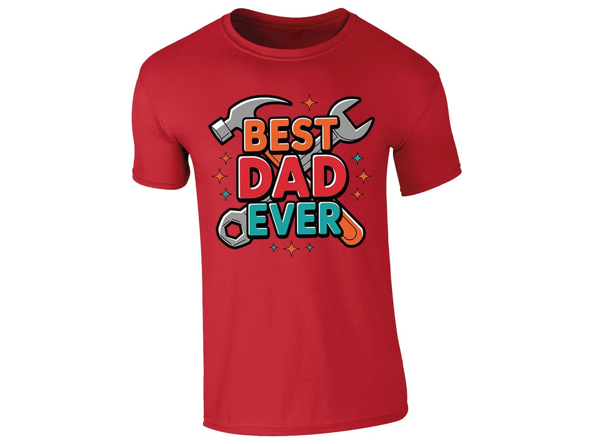 Red men's T-shirt with “Best Dad Ever” hammer and spanner design