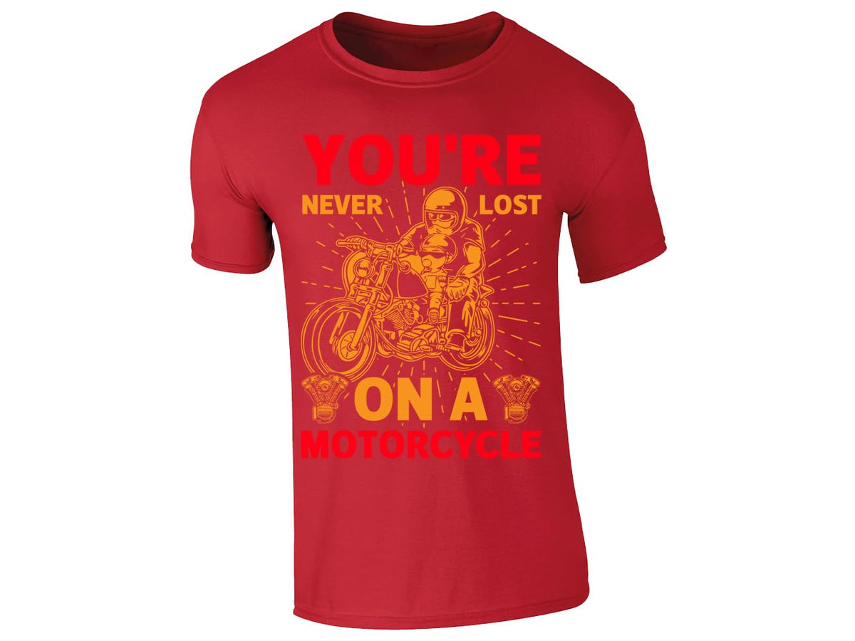 Red men's T-shirt with “You’re never lost on a motorcycle” rider design