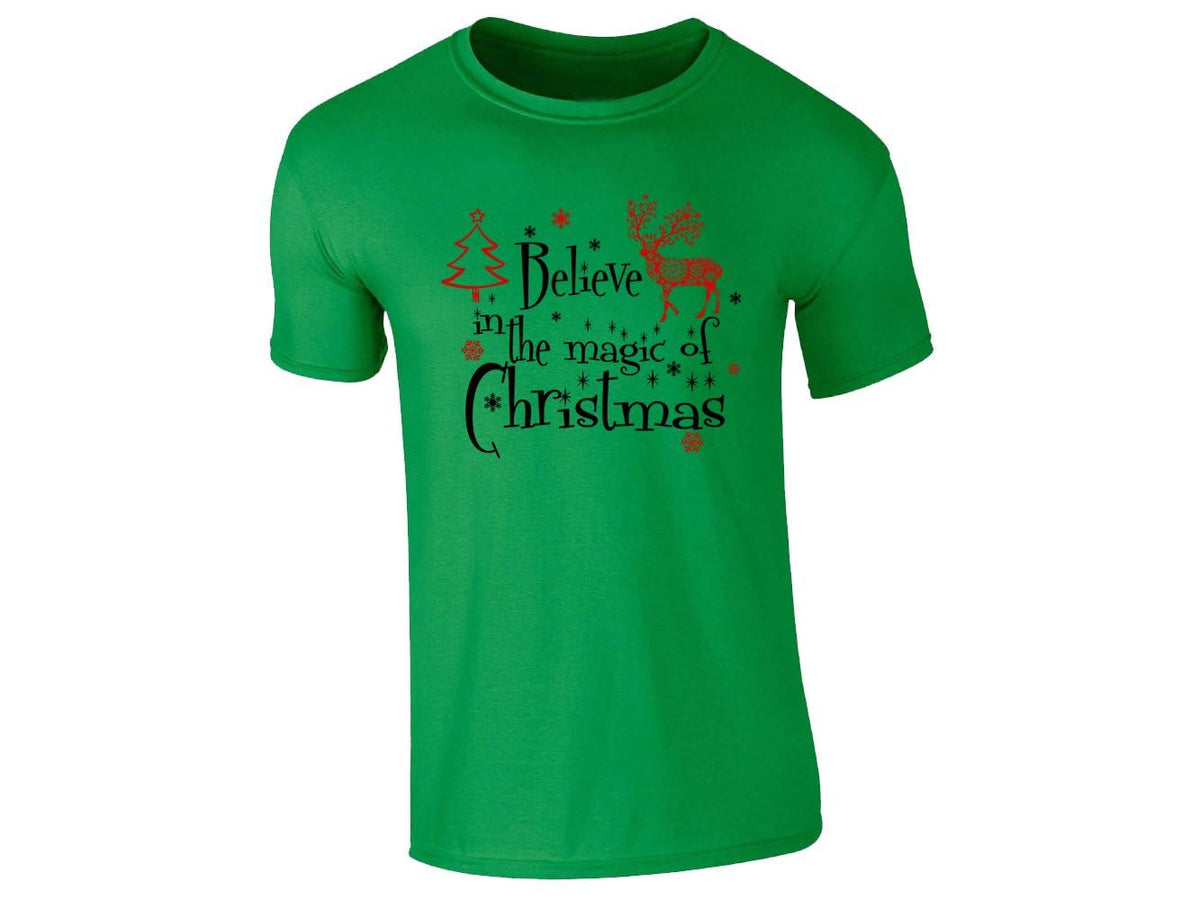 Irish green men's T-shirt with a red reindeer, a Christmas tree and Believe in the Magic of Christmas