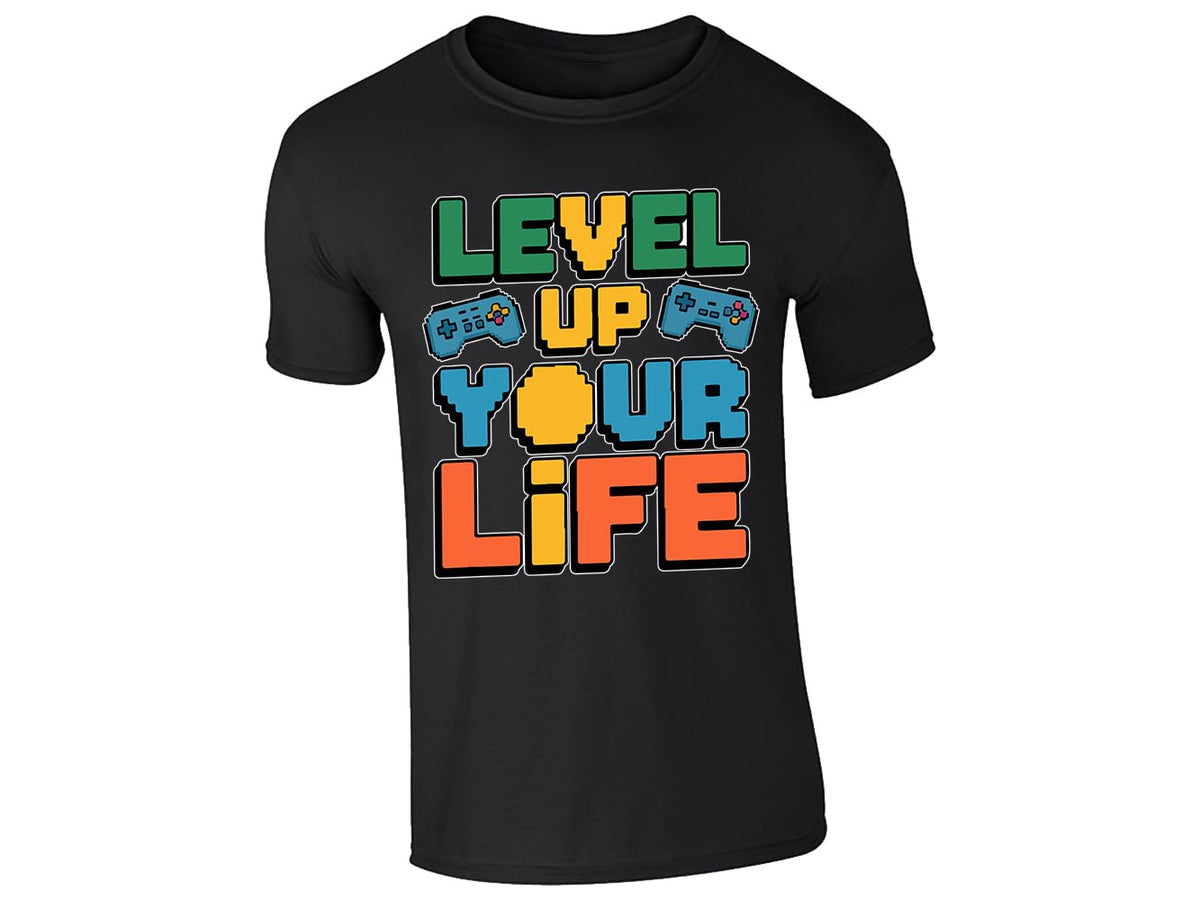 Black kids' T-shirt with “Level up your life” controller design