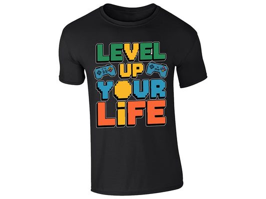 Black kids' T-shirt with “Level up your life” controller design