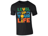 Black men's T-shirt with “Level up your life” controller design
