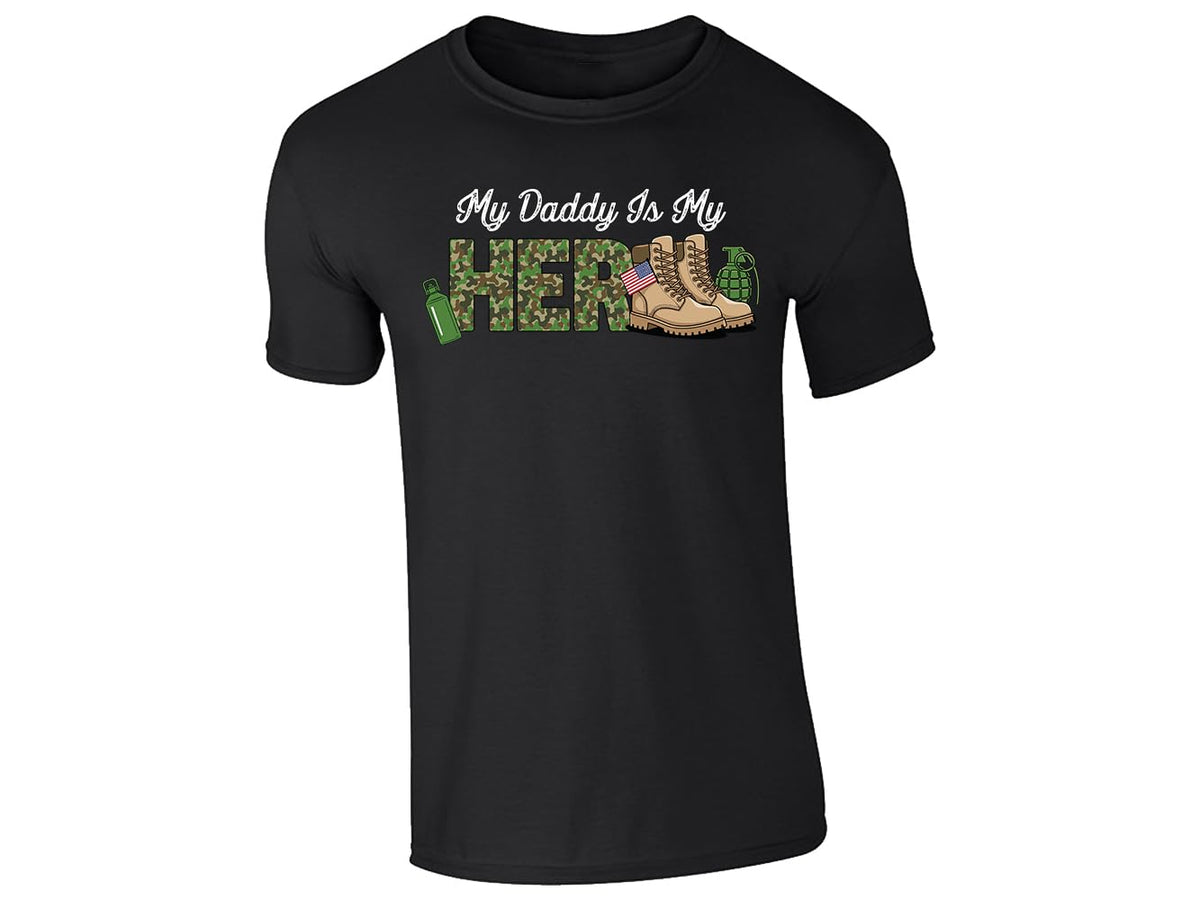 Black men's T-shirt with “My daddy is my hero” military boots design