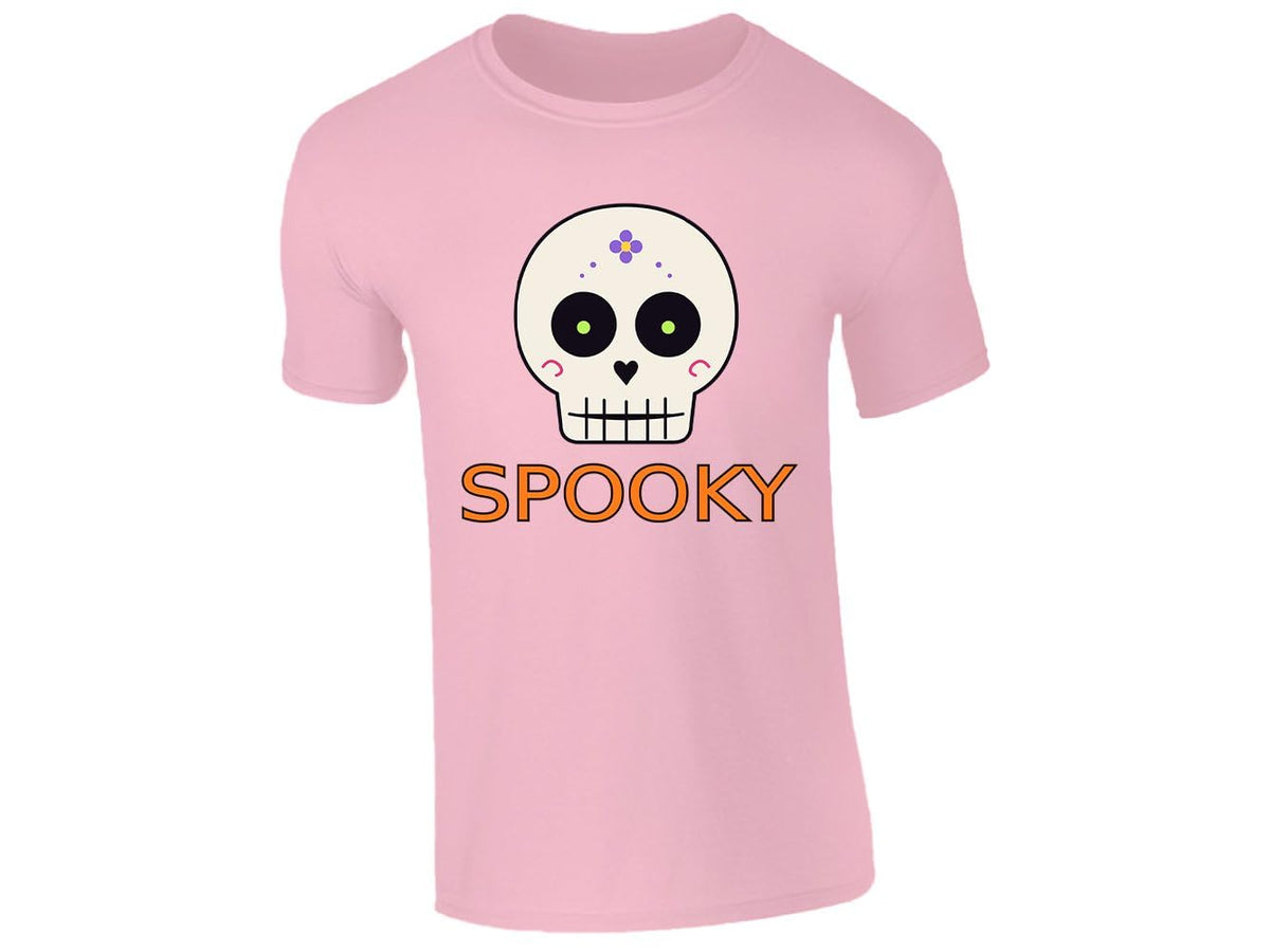 Light Pink kids' T-shirt with “Spooky” sugar skull design