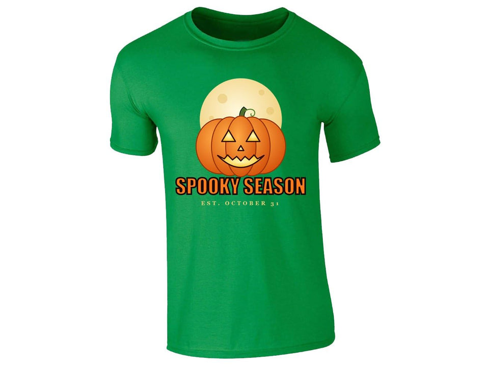 Irish Green kids' T-shirt with “Spooky Season – Est. October 31” pumpkin and moon design