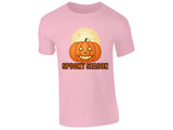 Light Pink kids' T-shirt with “Spooky Season – Est. October 31” pumpkin and moon design