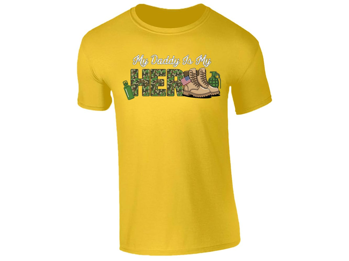 Yellow men's T-shirt with “My daddy is my hero” military boots design
