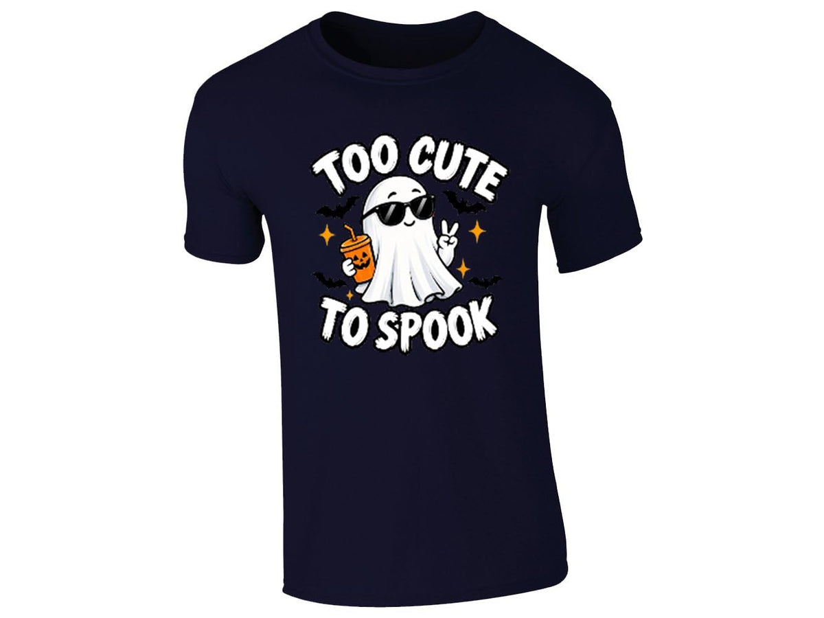 Navy men's T-shirt with a Too Cute to Spook ghost in sunglasses