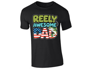 Black men's T-shirt with “Reely Awesome Dad” stars and stripes fish design