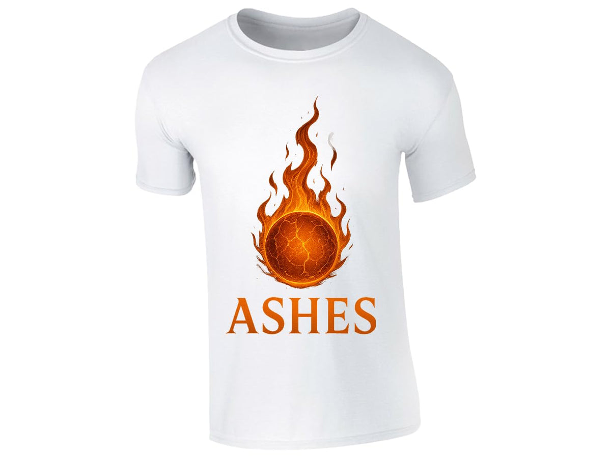 White men's T-shirt with a flaming cricket ball above the word “ASHES”