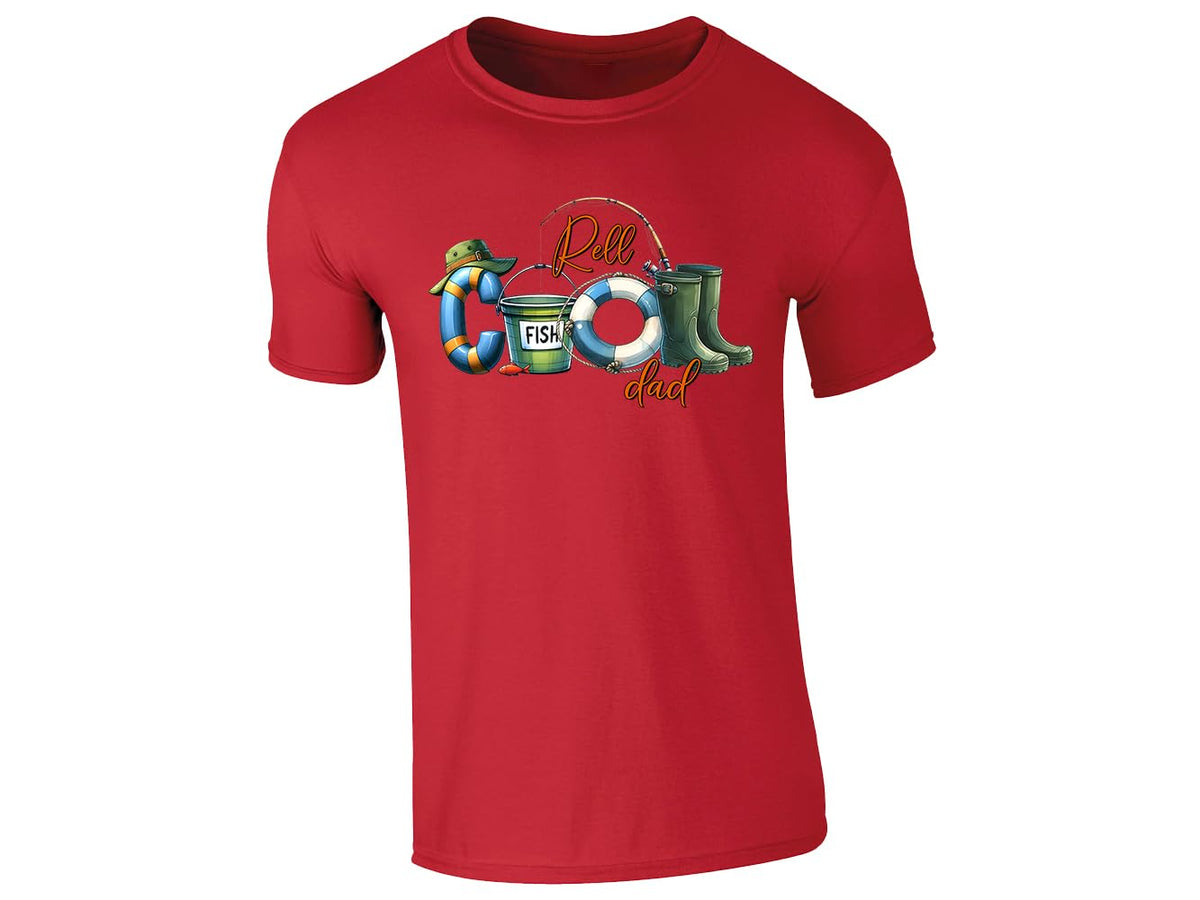 Red men's T-shirt with “Reel Cool Dad” fishing kit design