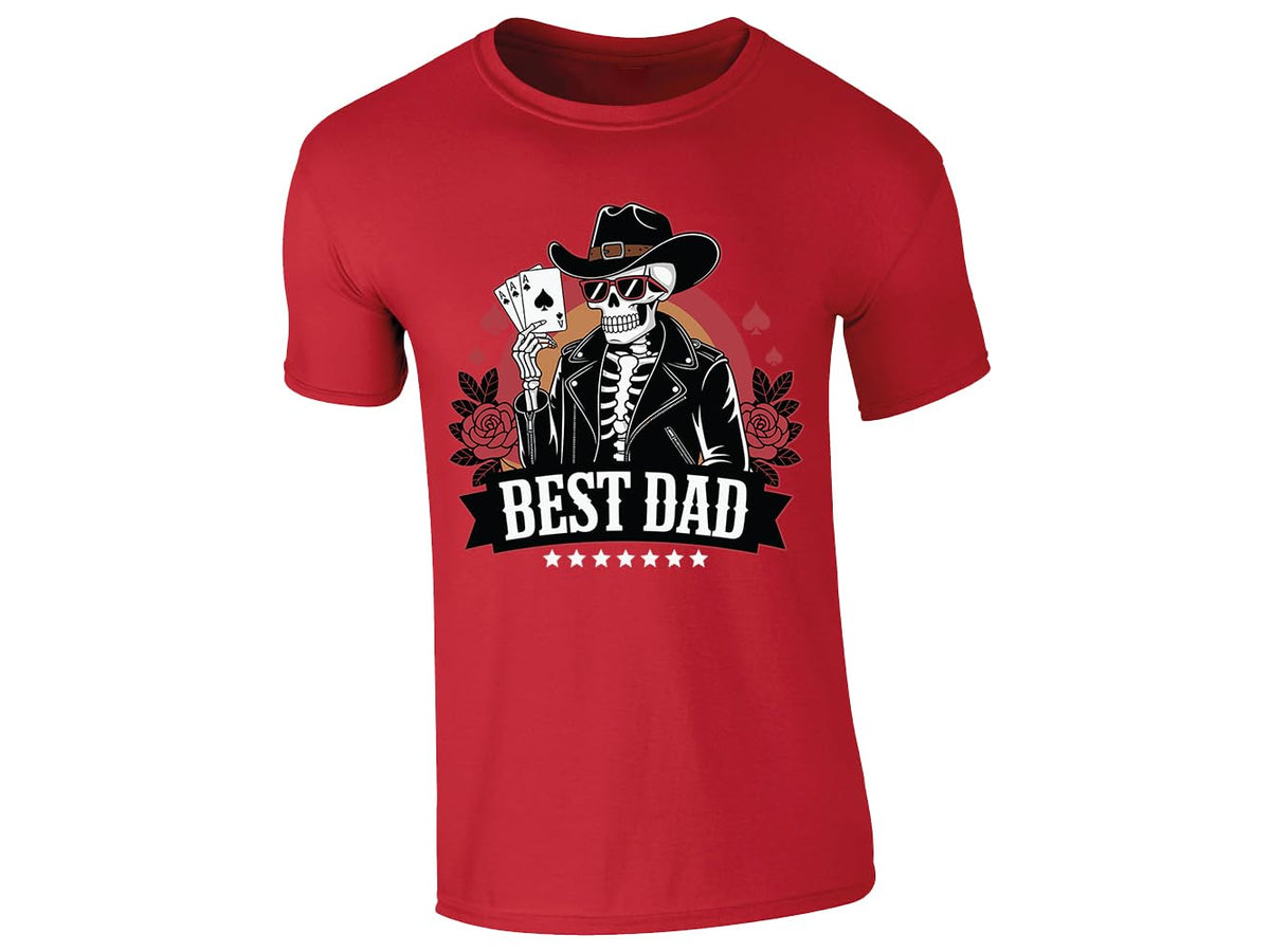Red men's T-shirt with skeleton cowboy “Best Dad” poker design