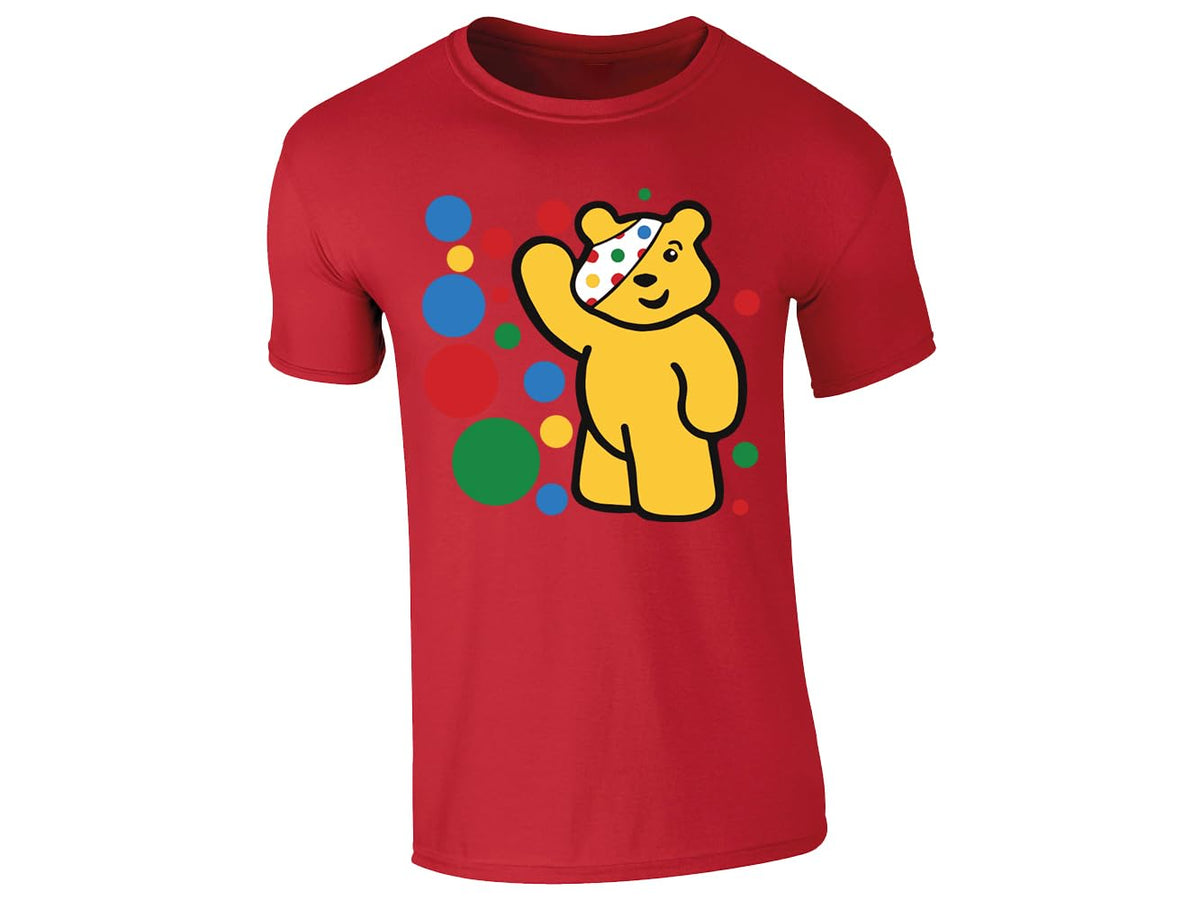 Red men's T-shirt with waving spotty bear with coloured dots design