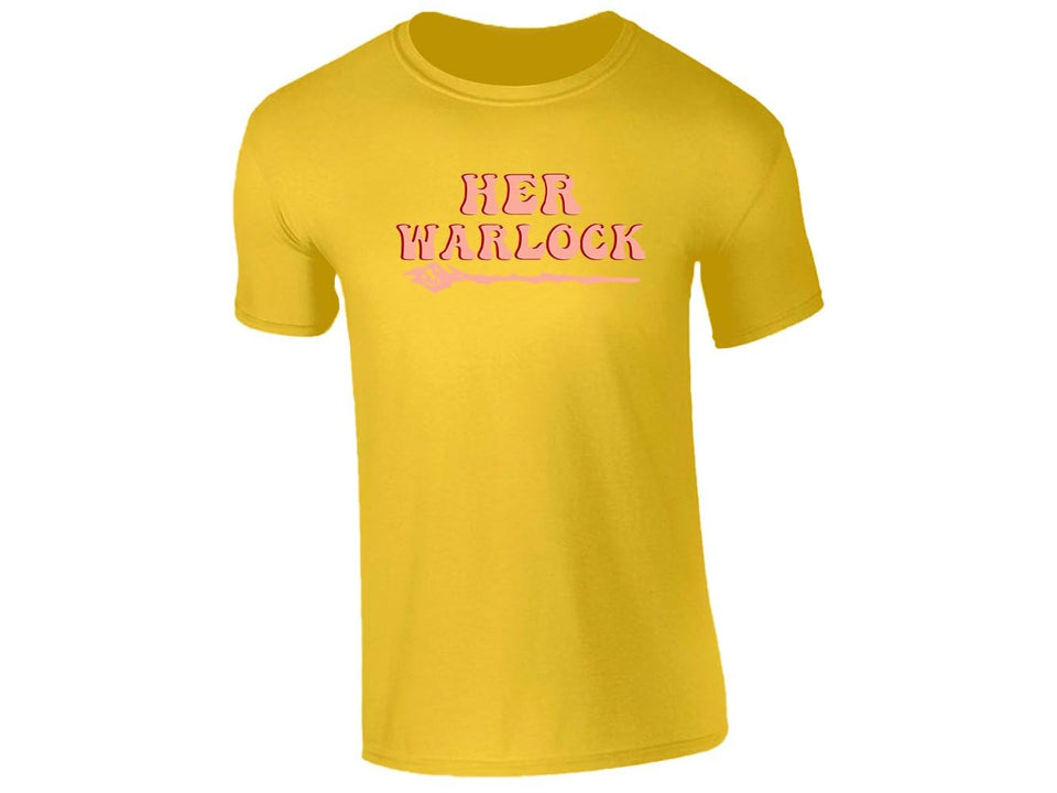 Yellow men's T-shirt with “Her Warlock” wand design