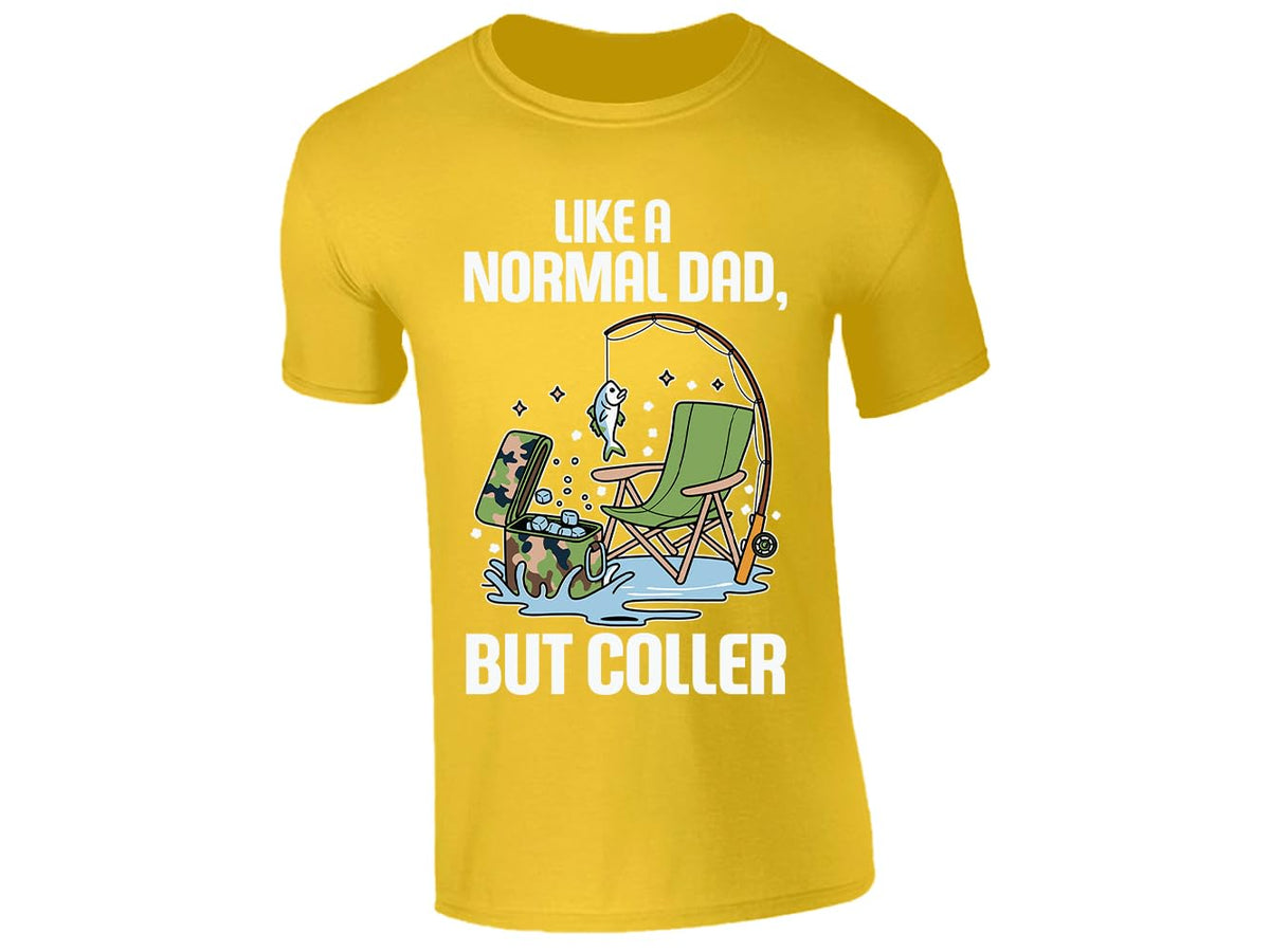 Yellow men's T-shirt with a fishing dad in a camp chair design