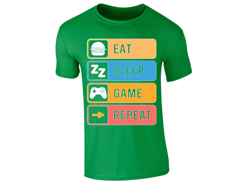 Irish Green men's T-shirt with “Eat Sleep Game Repeat” icon design