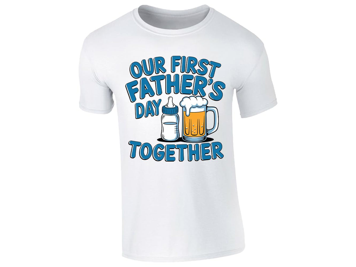 White men's T-shirt with “Our first Father’s Day together” baby bottle and beer design