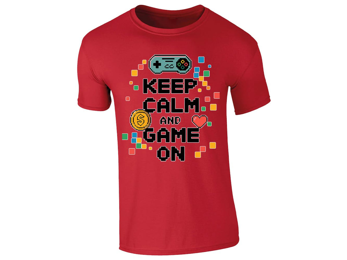 Red kids' T-shirt with “Keep calm and game on” pixel controller design