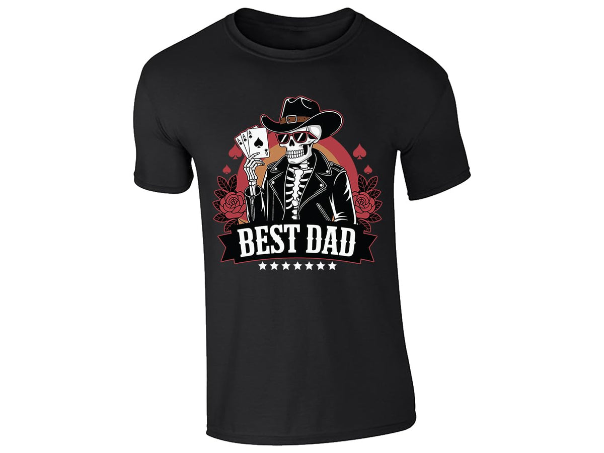 Black men's T-shirt with skeleton cowboy “Best Dad” poker design