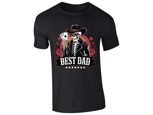 Black men's T-shirt with skeleton cowboy “Best Dad” poker design