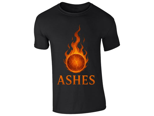 Black kids T-shirt with a flaming cricket ball above the word “ASHES”